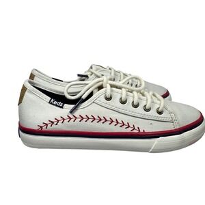 Keds Double Up Canvas Sneakers White Red Baseball Stitch Low Top Girls 1.5